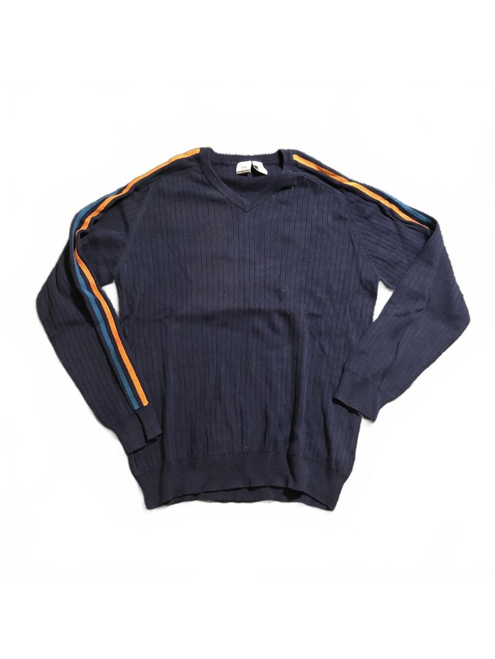 Route 66 Navy Blue Cotton Sweater with Orange and Blue Stripes on Sleeves L